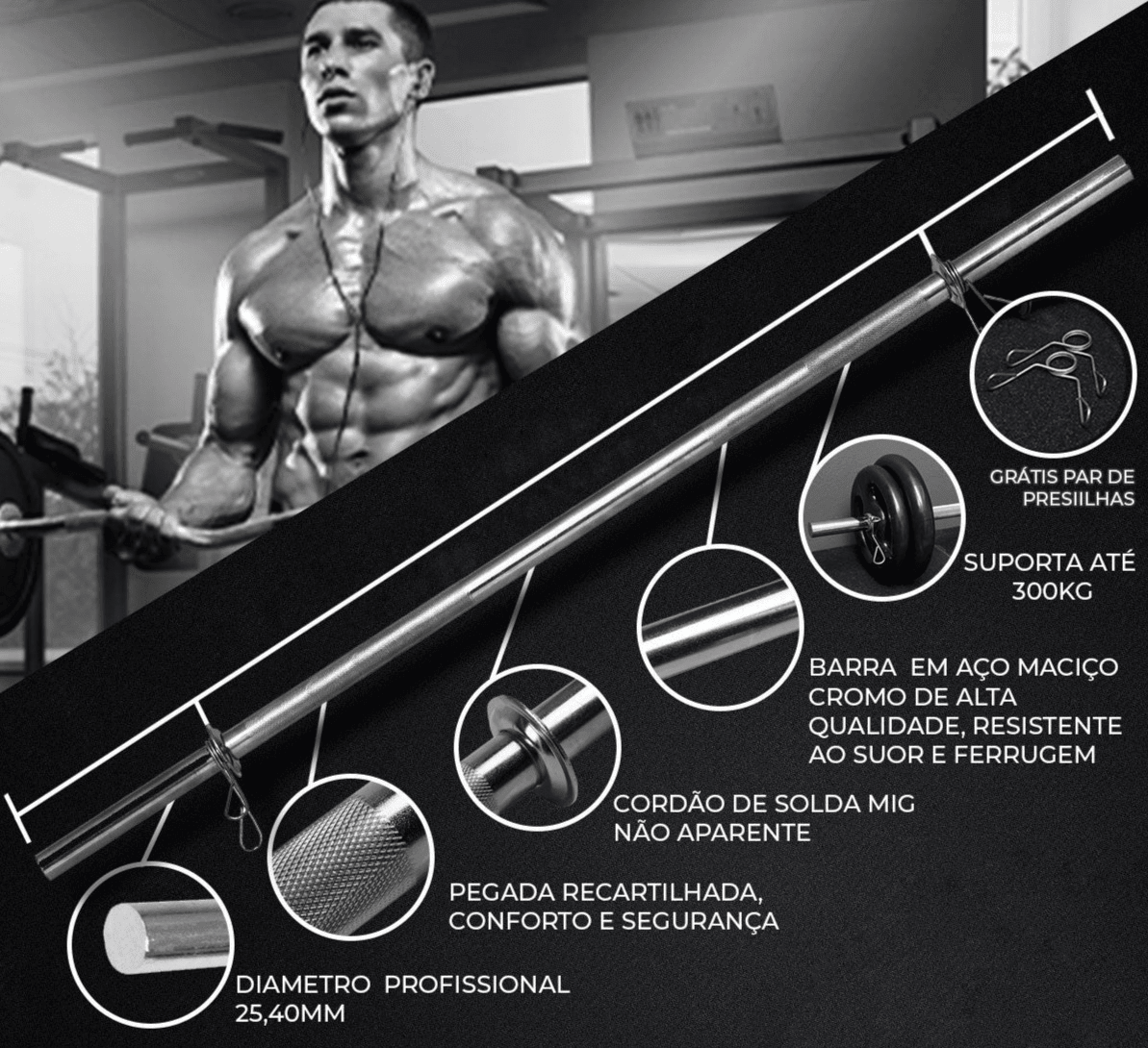 Kit Barras De Musculação + 40Kg De Anilhas + Suportes - Imagem 5