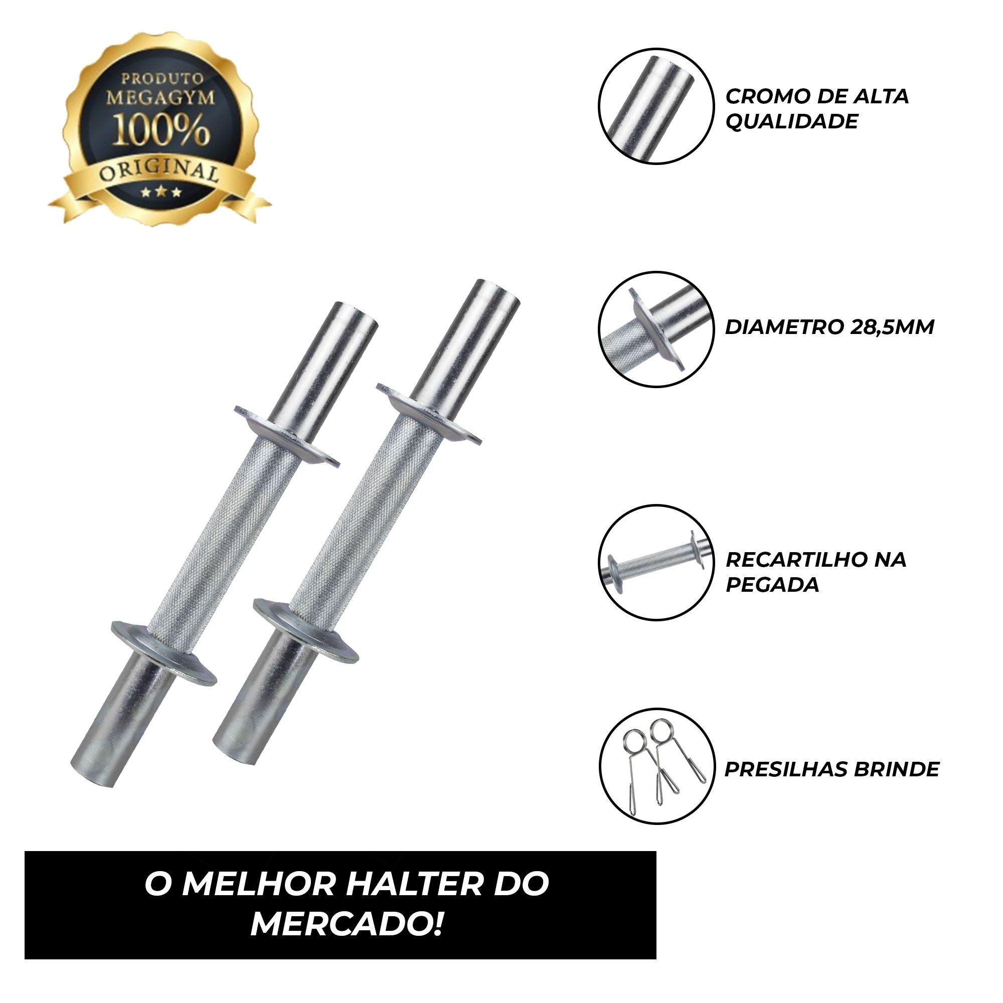 Halter Barra 35cm 28,57mm Maciça Com Presilhas Cromada - Imagem 2